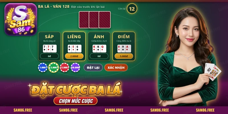 Bàn ba lá trực tuyến với bốn ô cược sáp, liêng, ảnh, điểm cùng các chip