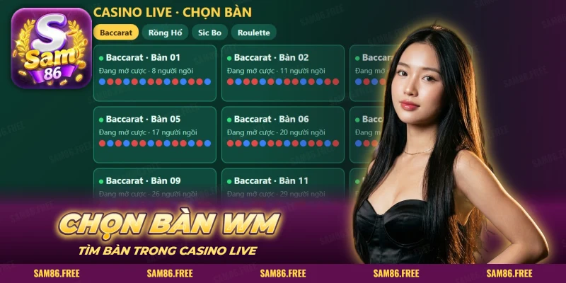 Danh sách bàn Baccarat trong Casino Live để chọn bàn đang mở cược