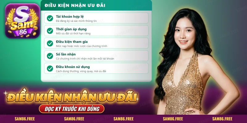 Danh sách điều kiện nhận ưu đãi SAM86 với dấu tích xanh ở từng mục