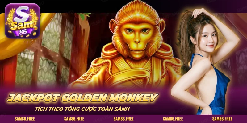 Khỉ vàng Golden Monkey nổi bật trên khung hũ thưởng tích lũy của slot