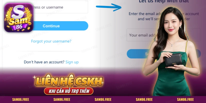 Form nhập tên đăng nhập để nhờ CSKH SAM86 hỗ trợ lấy lại mật khẩu