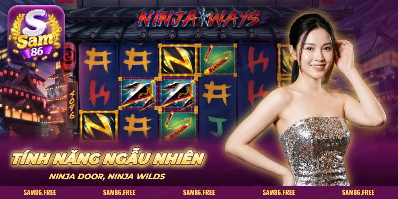 Lưới slot Ninja Ways với côn nhị khúc, lưỡi dao và nền phố Nhật
