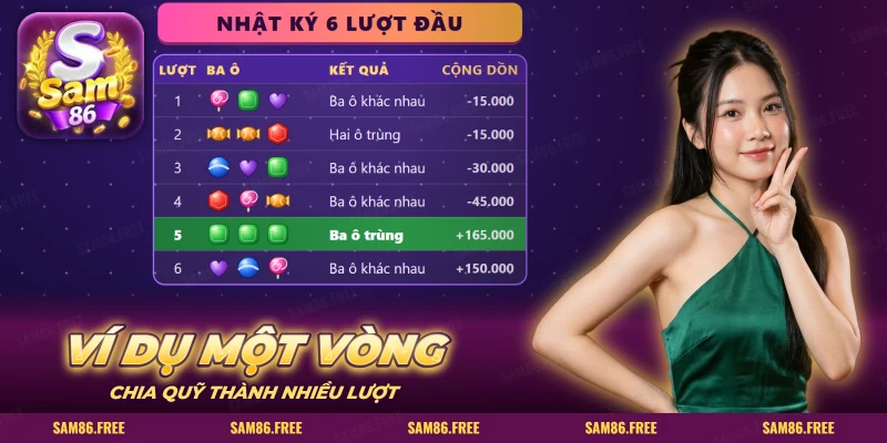 Nhật ký các lượt chơi, mỗi lượt một hàng kẹo, một dòng tô xanh lá