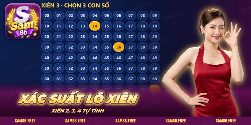 Bảng chọn số lô đề với ba số được tô sáng cho cược xiên 3