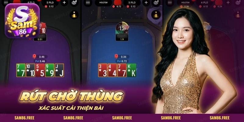 Ba bàn poker trên app với lá bài chung ngửa và tổng tiền cược giữa bàn